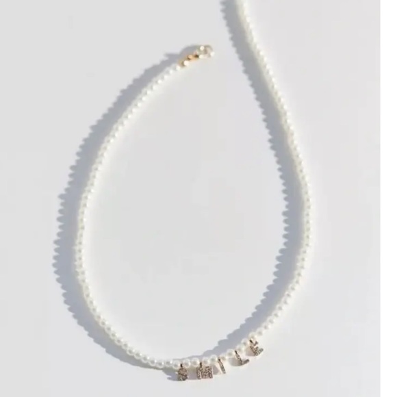 NWT Urban Outfitters Expressions Pearl Charm Necklace Rhinestone SMILE - Picture 2 of 4